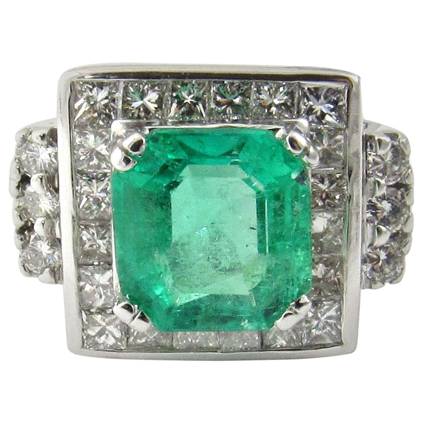 IGI Certified Vintage 17K and 14K White Gold Natural Square Emerald and Diamond