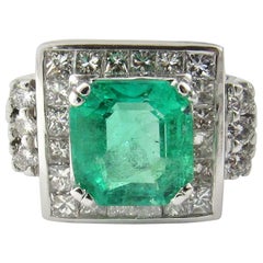 IGI Certified Vintage 17K and 14K White Gold Natural Square Emerald and Diamond