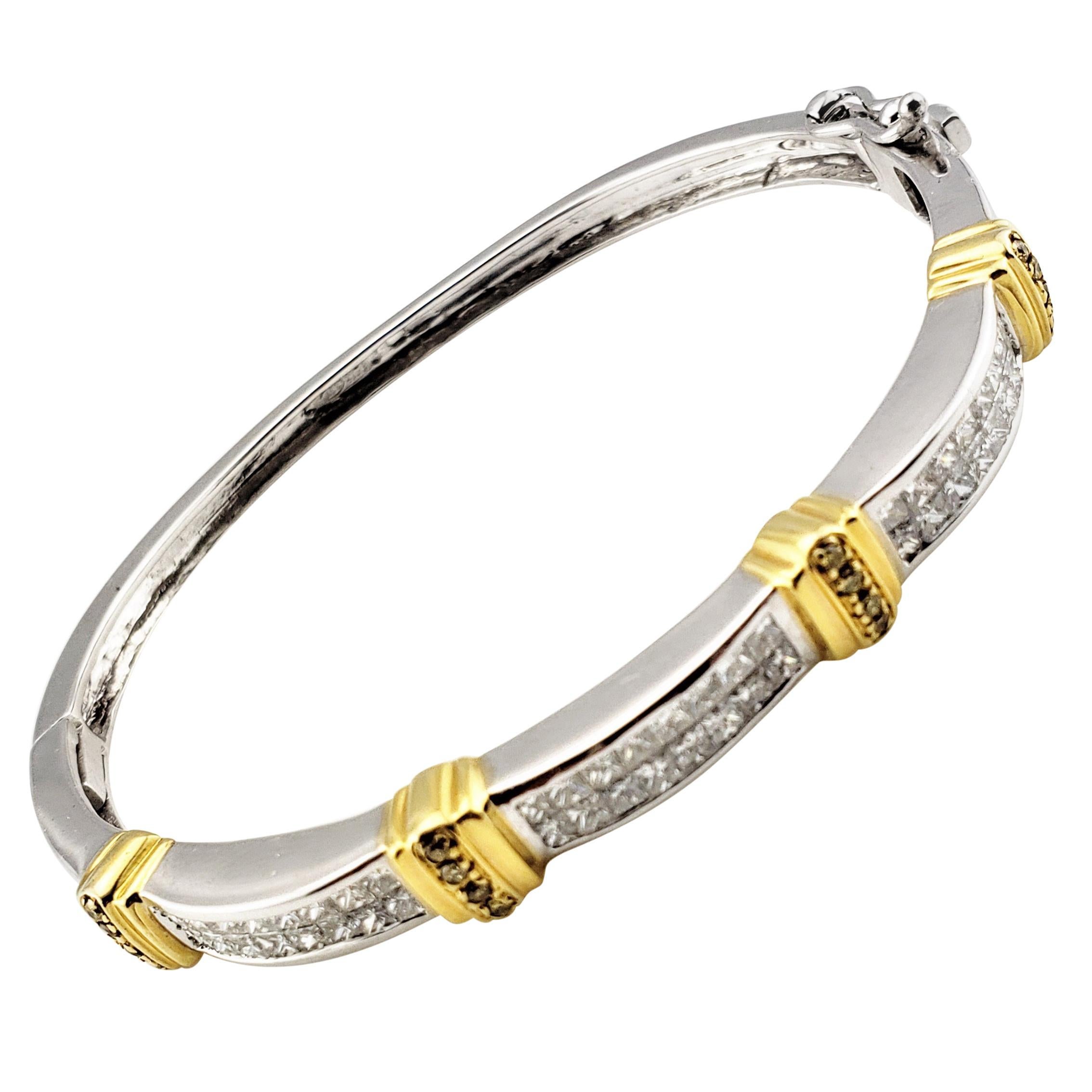 Vintage 14 Karat White and Yellow Gold Princess Cut Diamond Bangle Bracelet For Sale