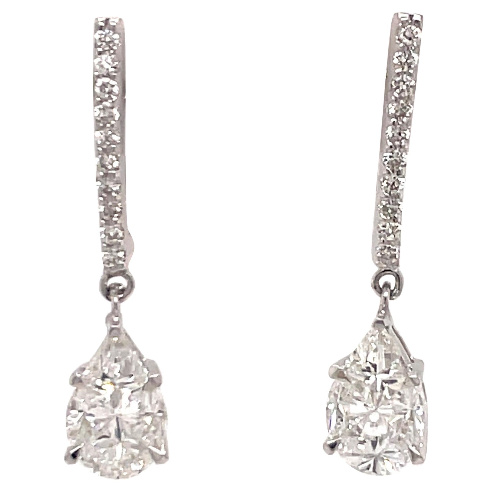 14 Karat White Gold Diamond Drop Invisible Setting Earrings 1.40 Carats For Sale