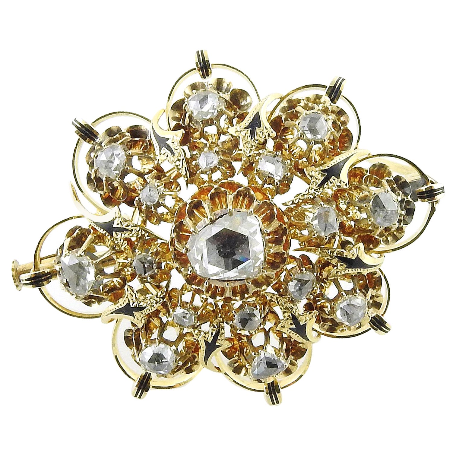 Vintage 16K Yellow Gold Rose Cut Diamond Brooch / Pin