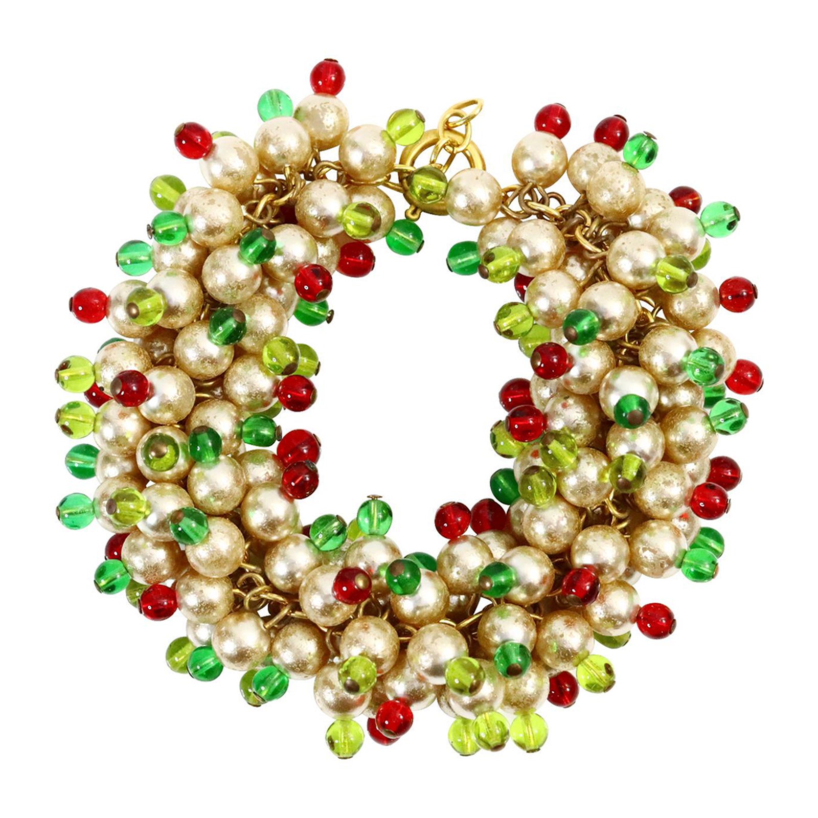 Vintage Maison Gripoix Faux Pearl with Red, Green Chartreuse Beads, circa 1980s For Sale