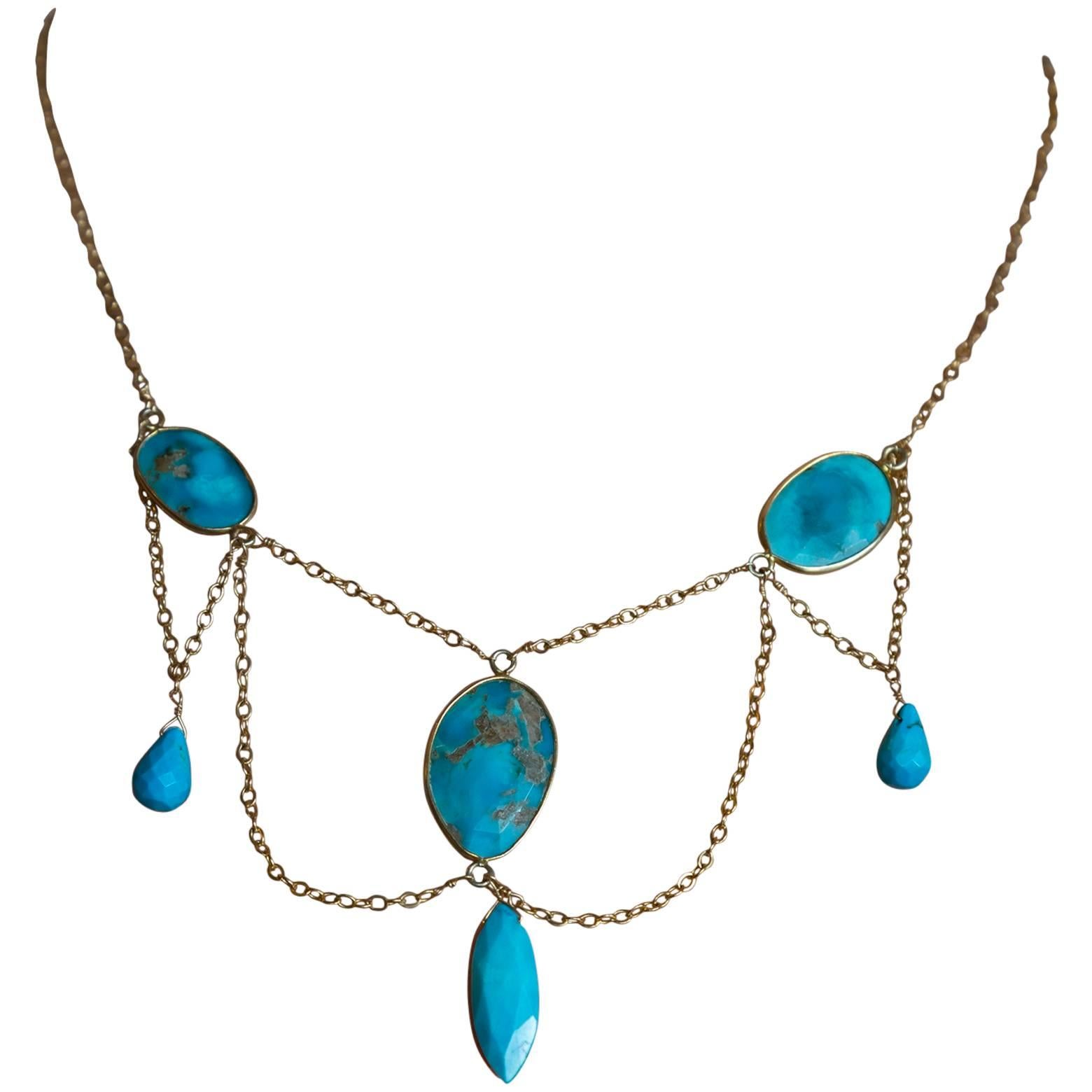 Turquoise Multi Drop Gold Filled Necklace
