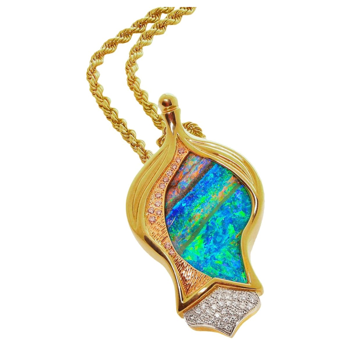 Australian Boulder Opal, Pink Diamond, 18K Gold & Platinum Necklace For Sale