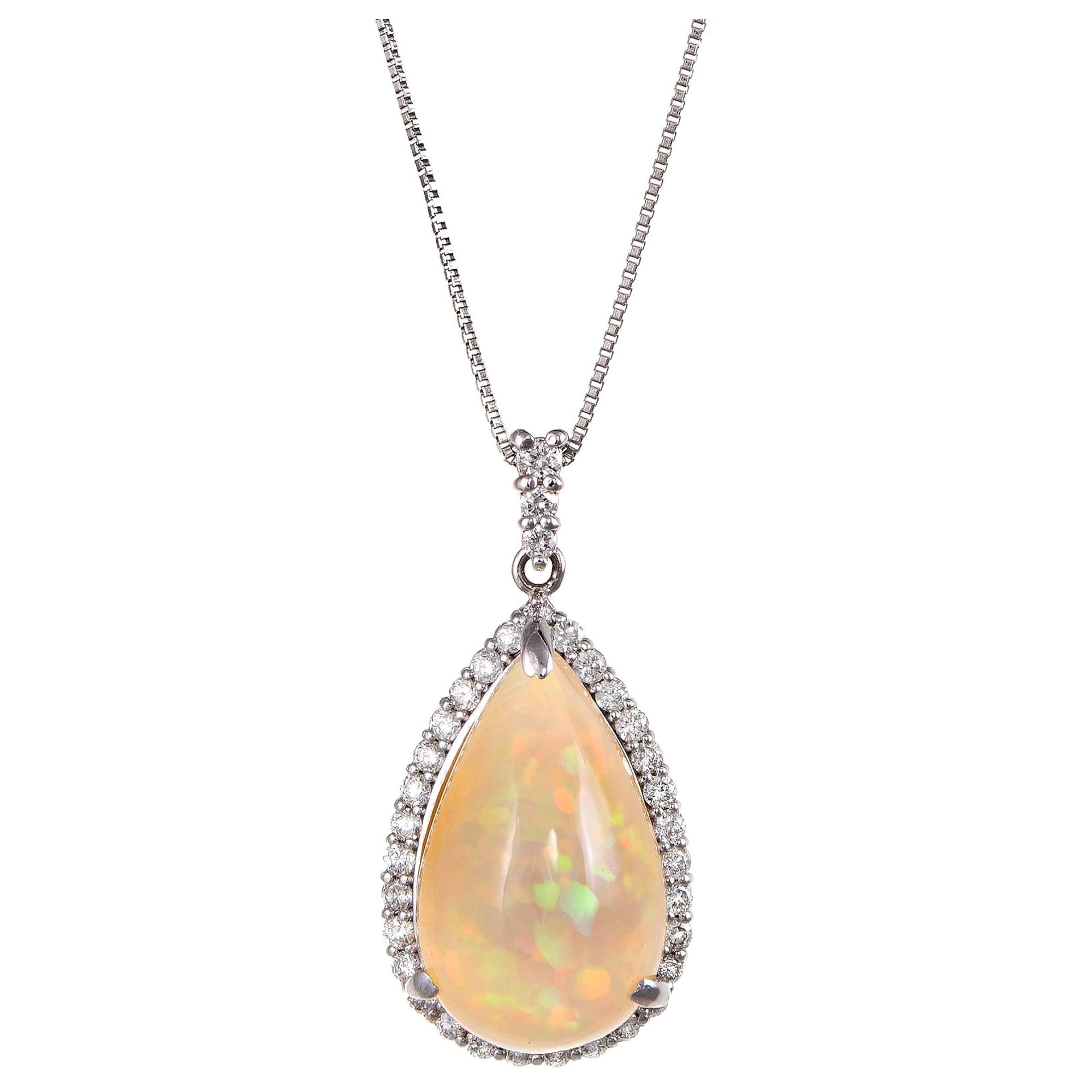 Natural Ethiopian 4.55ct Fire Opal Diamond Necklace Estate Platinum Pear Cut For Sale