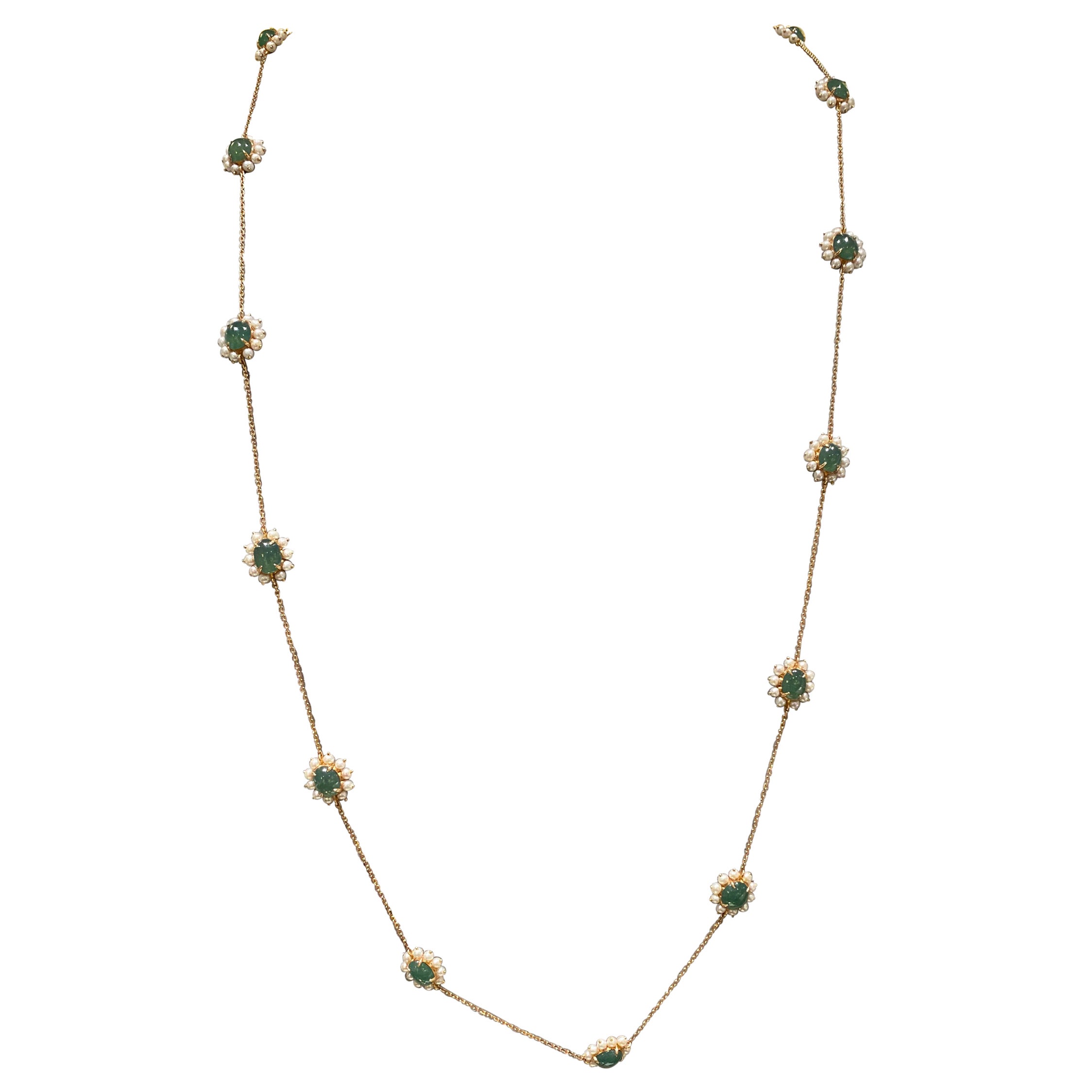 Eostre Type A Jadeite and Seed Pearl Necklace in 18k Yellow Gold For Sale