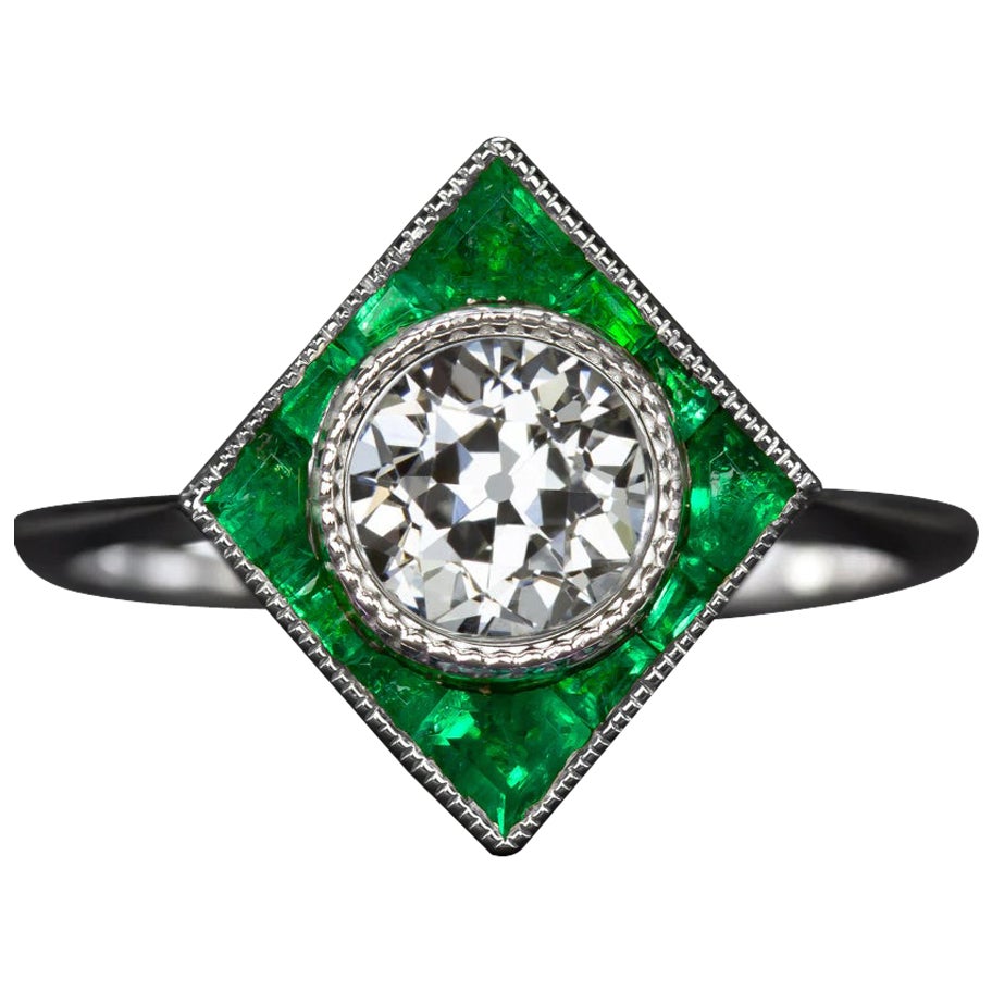 Art Deco Style Old Mine Cut Green Emeralds Cocktail Ring For Sale