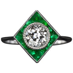 Art Deco Style Old Mine Cut Green Emeralds Cocktail Ring