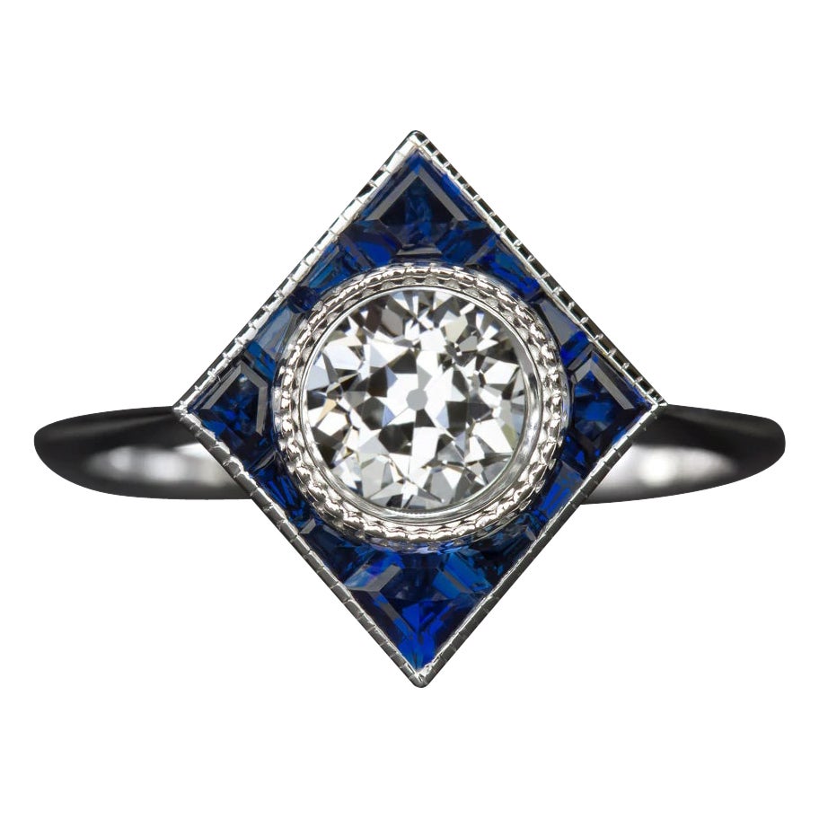 Art Deco Style Blue Sapphire Old Mine Cut Diamond Ring