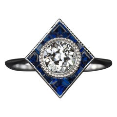 Art Deco Style Blue Sapphire Old Mine Cut Diamond Ring