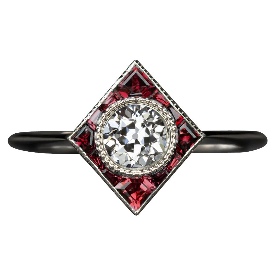 Art Deco Style Rubies Old Mine Cut Diamond Ring