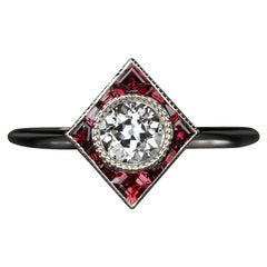 Art Deco Style Rubies Old Mine Cut Diamond Ring
