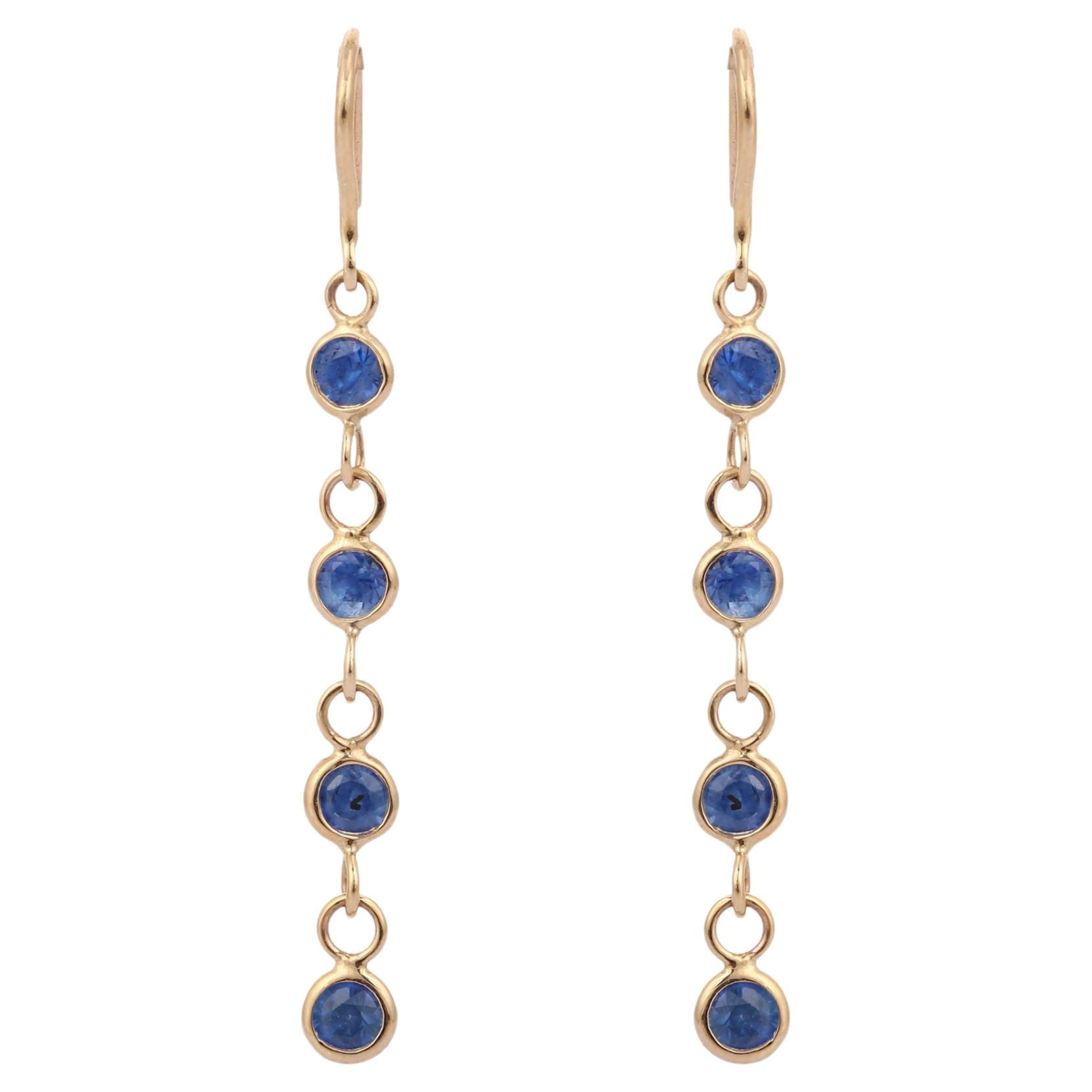 Natural Blue Sapphire Dangle Earrings in 18K Yellow Gold, Linear Dangle Earrings