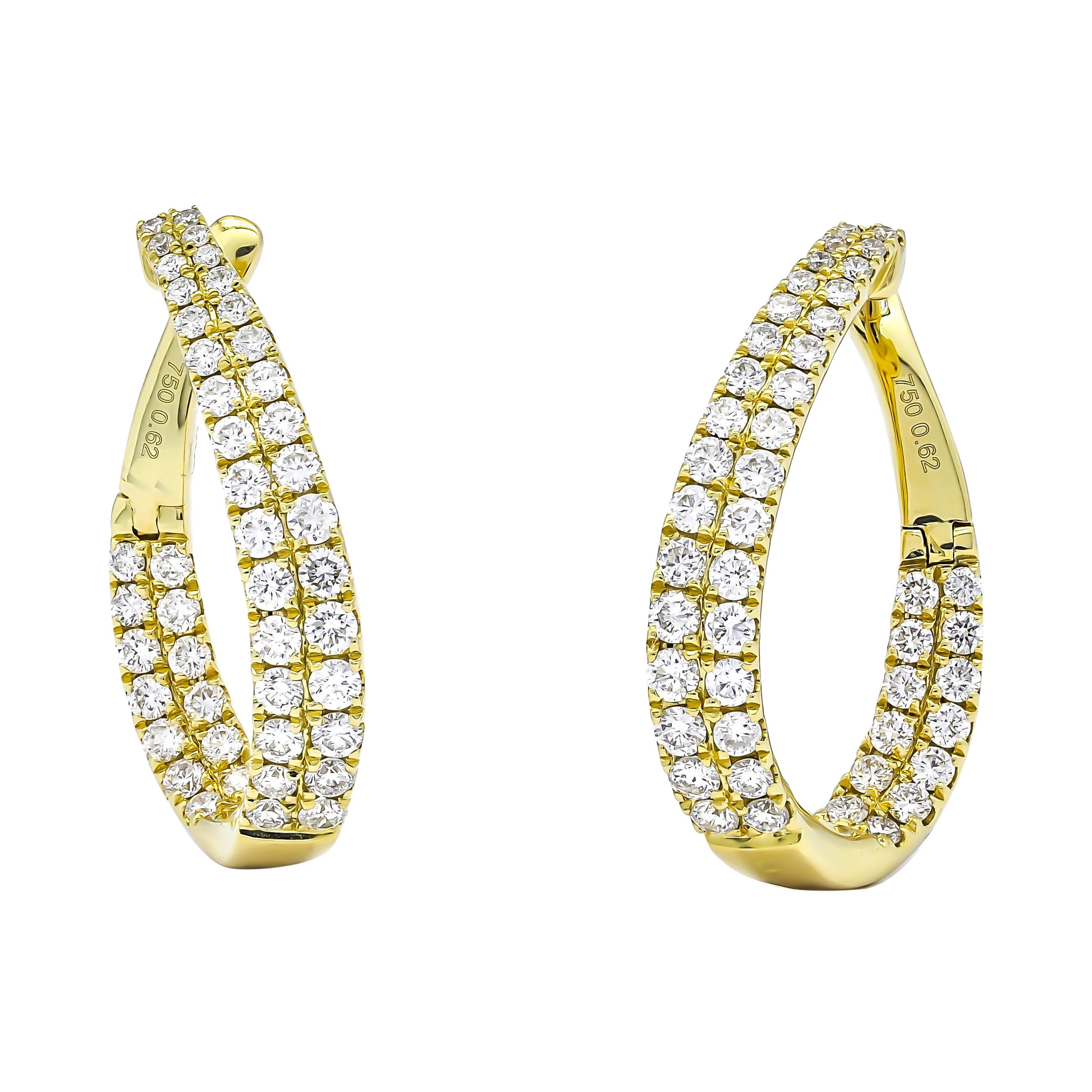 18KT Yellow Gold Natural Round Diamond in and Out Multi 2 Row Twist Hoop Earring For Sale