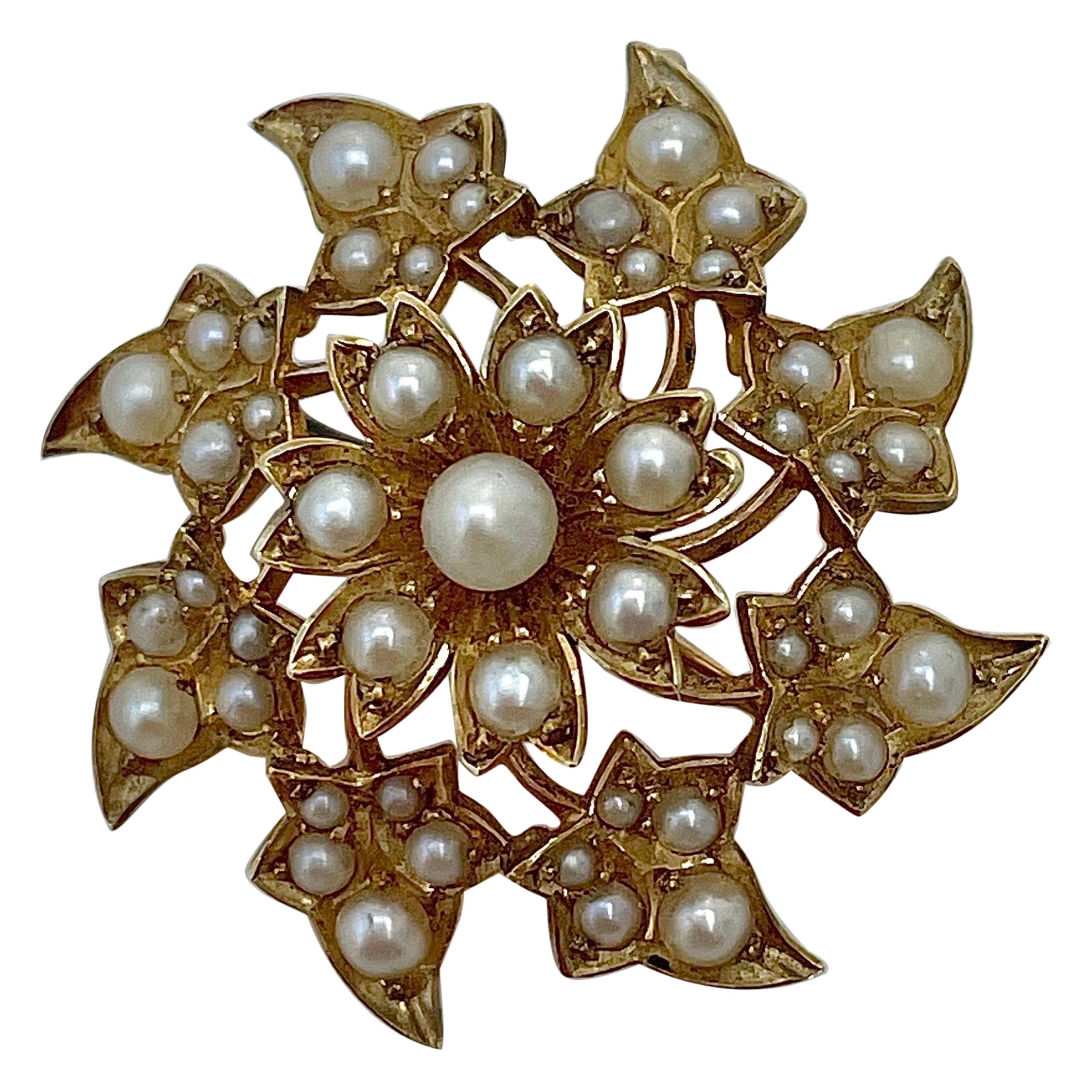 Antique Yellow Gold Pearl Floral Starburst Pendant/ Brooch  For Sale