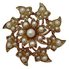 Pendentif/ broche ancien en forme d'étoile en or jaune avec perles et fleurs 