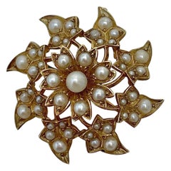 Antique Yellow Gold Pearl Floral Starburst Pendant/ Brooch