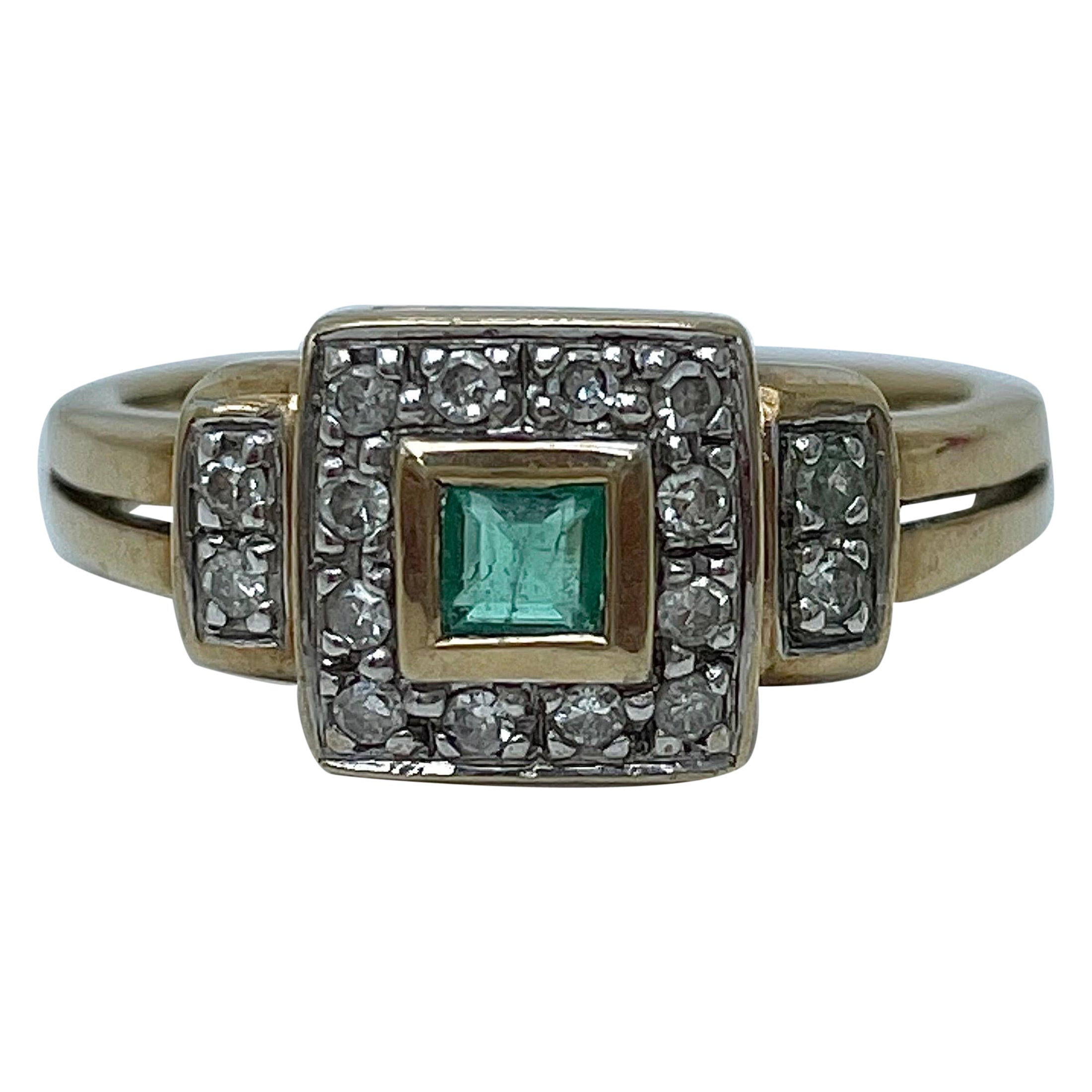 Vintage 9ct Yellow Gold Emerald and Diamond Square Ring  For Sale