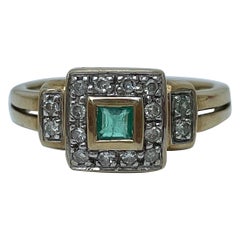 Vintage 9ct Yellow Gold Emerald and Diamond Square Ring 