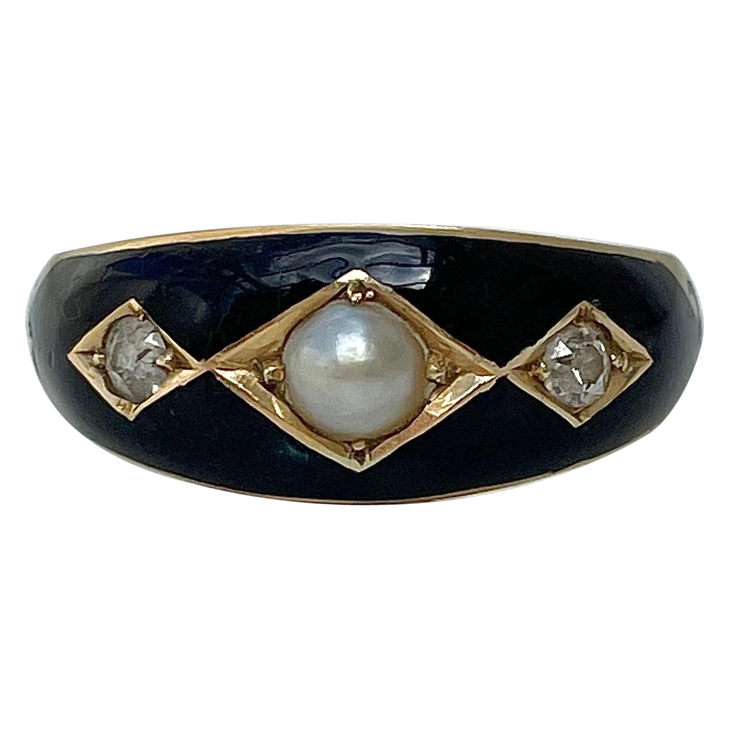 Antique Black Enamel Diamond & Pearl 3 Stone Ring in 18ct Yellow Gold For Sale
