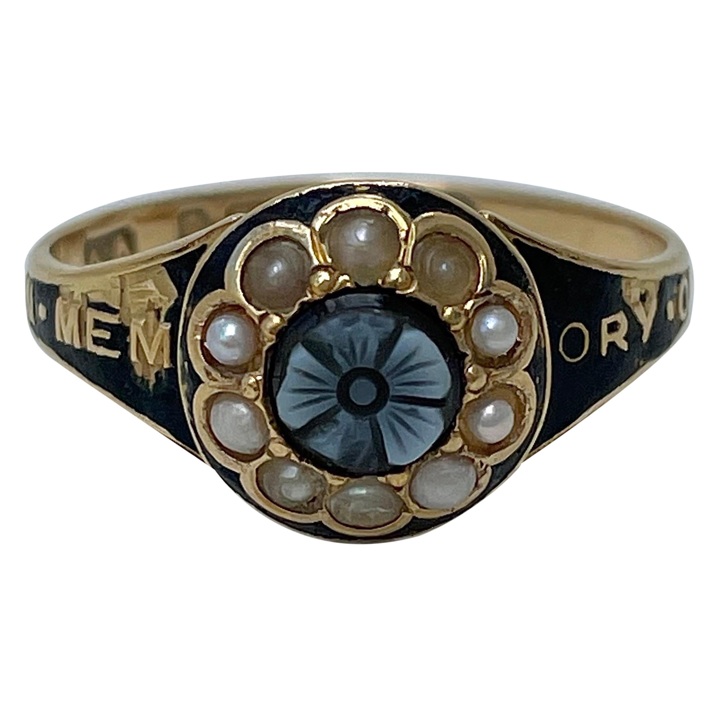 Antique ‘ in memory of’ Pearl Halo Sardonyx Flower 18ct Ring 
 For Sale