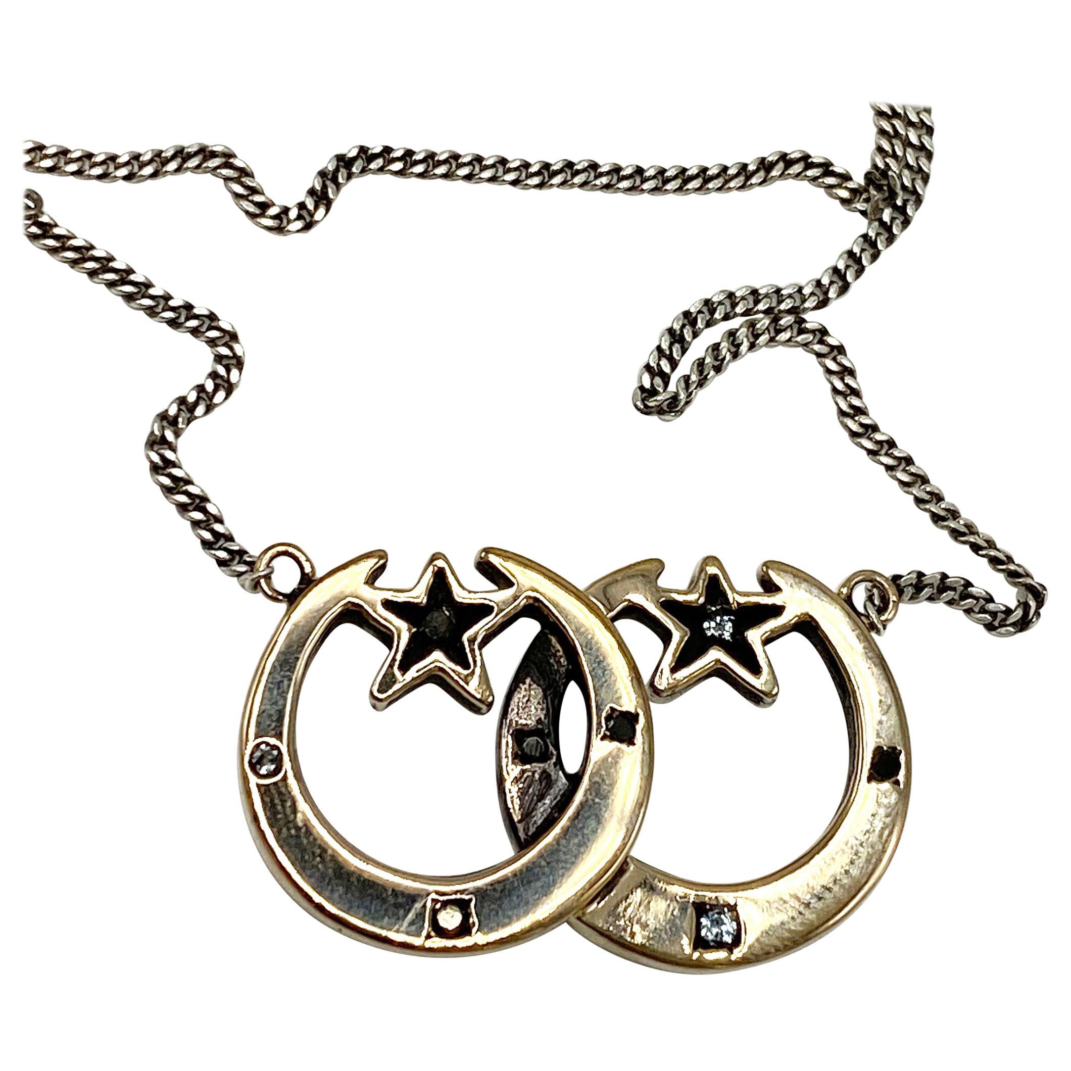 White and Black Diamond Crescent Moon Star Necklace Gold J Dauphin For Sale