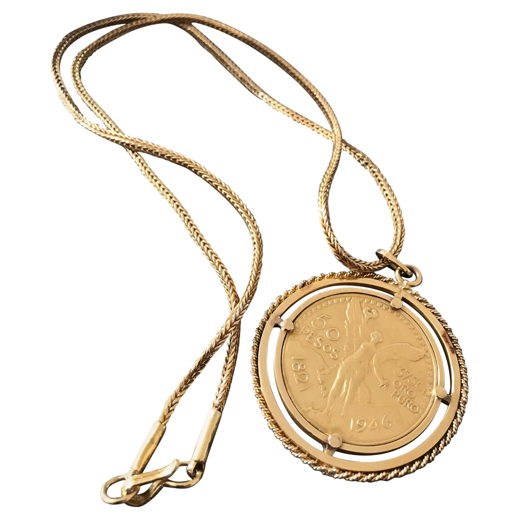 XF 1879 Spanish Bronze Centimos Coin Pendant w 18" 18k Gold Filled Link Chain 