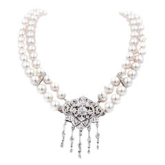 Art Deco Style Akoya Pearl Necklace Brooch Set in Diamonds & 18K White Gold