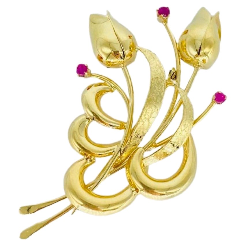 Broche tulipe vintage en or 18 carats avec rubis de 0,25 carat