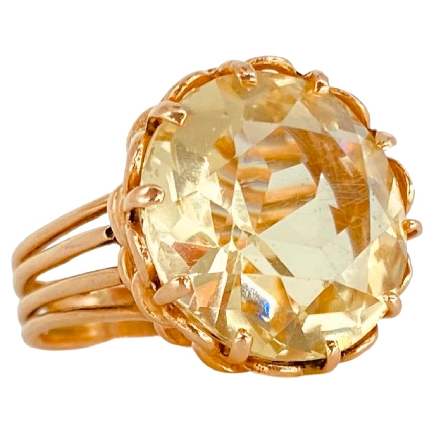 Retro Large Champagne Quartz Cocktail Ring 14k Rose Gold For Sale