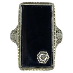 Antique Edwardian 0.07 Carat Diamond In Rectangular Onyx Filigree Ring 14k White Gold