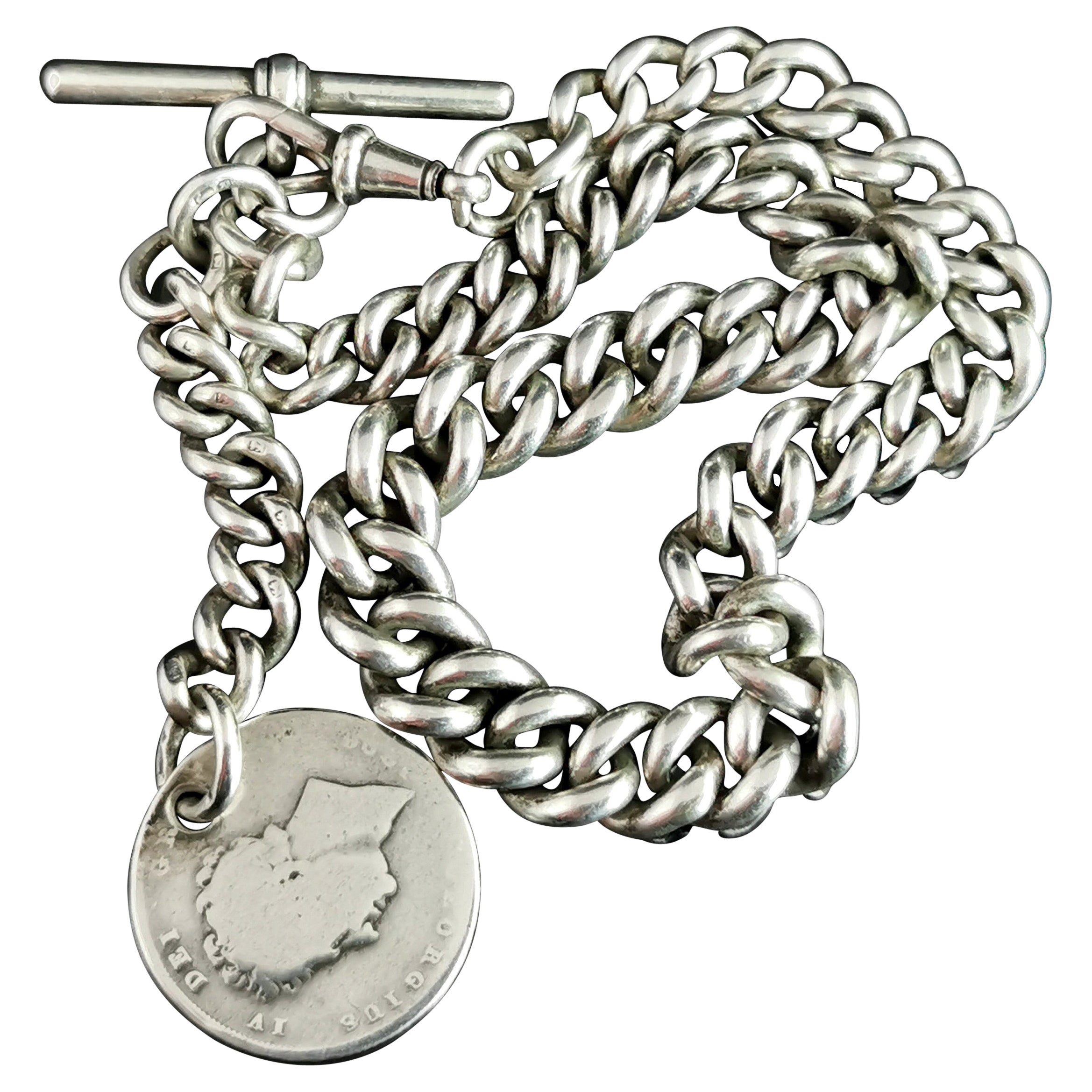 Antique Victorian Silver Albert Chain, Heavy Watch Chain, Coin Fob