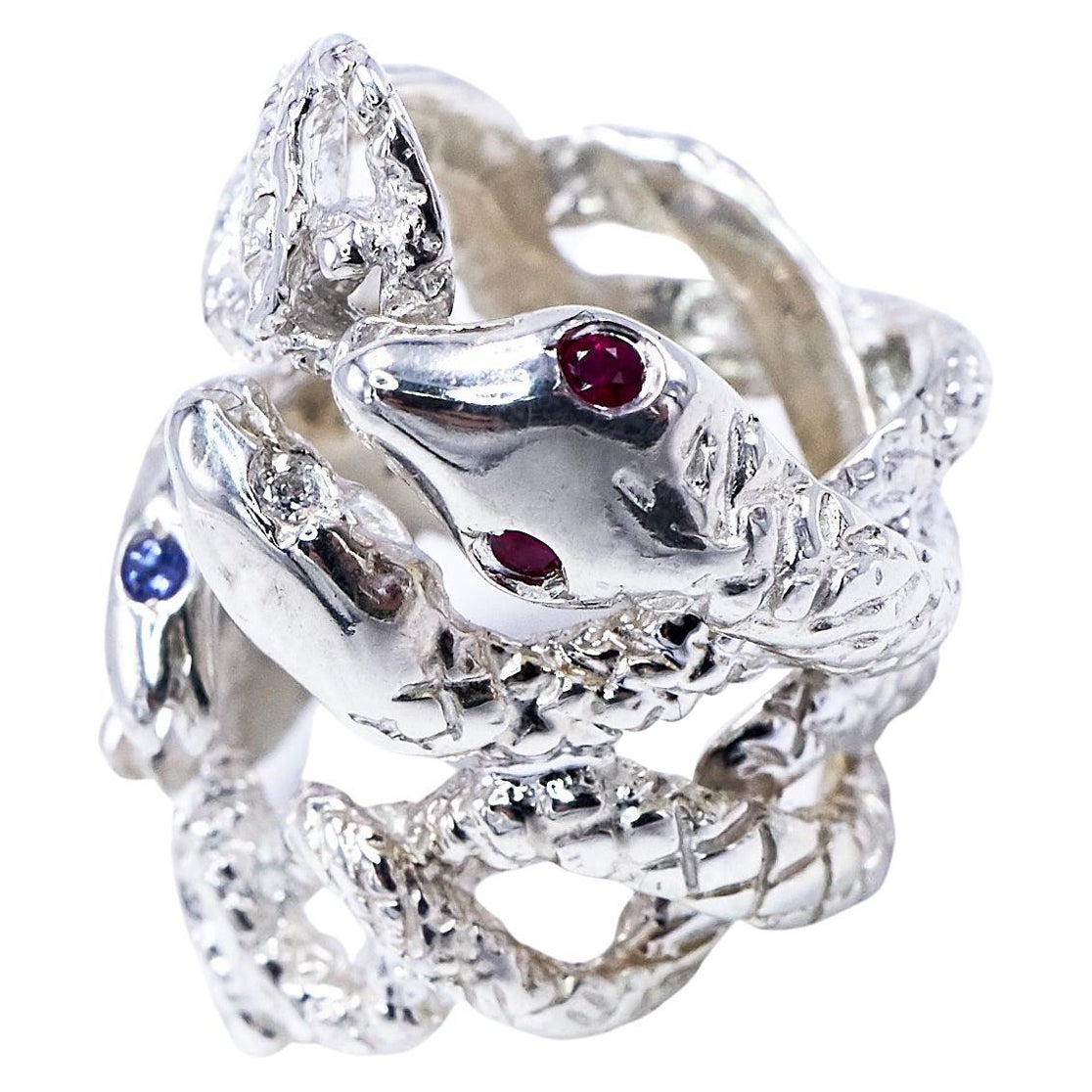 J Dauphin Bague de cocktail en argent avec diamant blanc, rubis, tanzanite et serpent, déclaration de cocktail