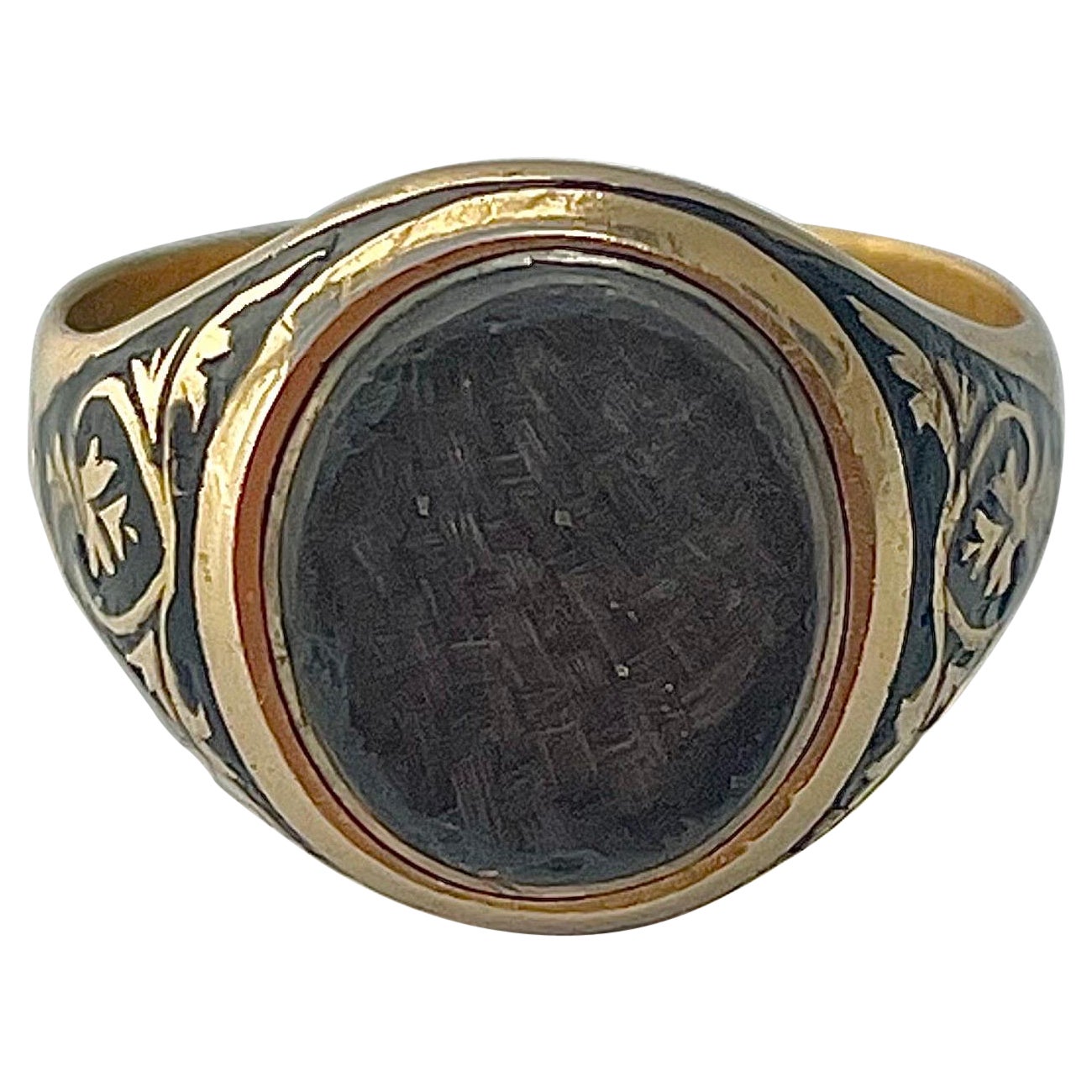 Antique Victorian Black Enamel Locket Front 18ct Yellow Gold Ring For Sale