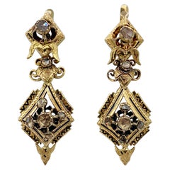 Boucles d'oreilles pendantes jour/nuit en or 18 carats avec diamant taillé en rose et émail Rare