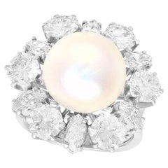 Bague robe vintage en platine avec perle de culture et diamants de 4,50 carats