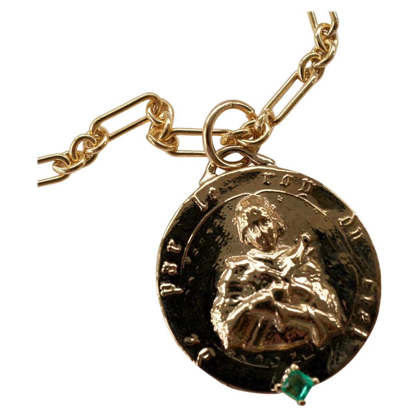 Emerald Medal Chain Necklace Coin Pendant Joan of Arc J Dauphin For Sale