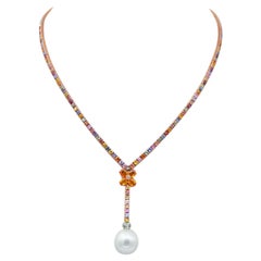 Retro South-Sea Pearl, Multicolor Sapphires, Diamonds, 14 Karat Rose Gold  Retrò Necklace