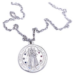 Chaîne collier médaille Miraculous Virgin Mary en argent, rubis et saphir bleu J Dauphin
