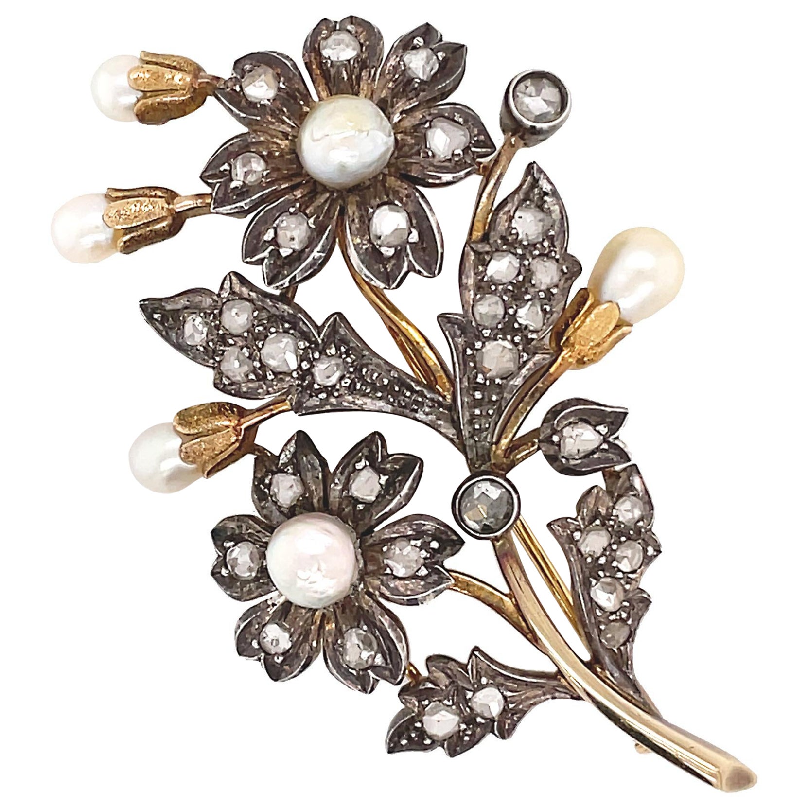 Antique Natural Pearl and Rose Cut Diamond Silver on Gold Floral brooch, c1870's For Sale