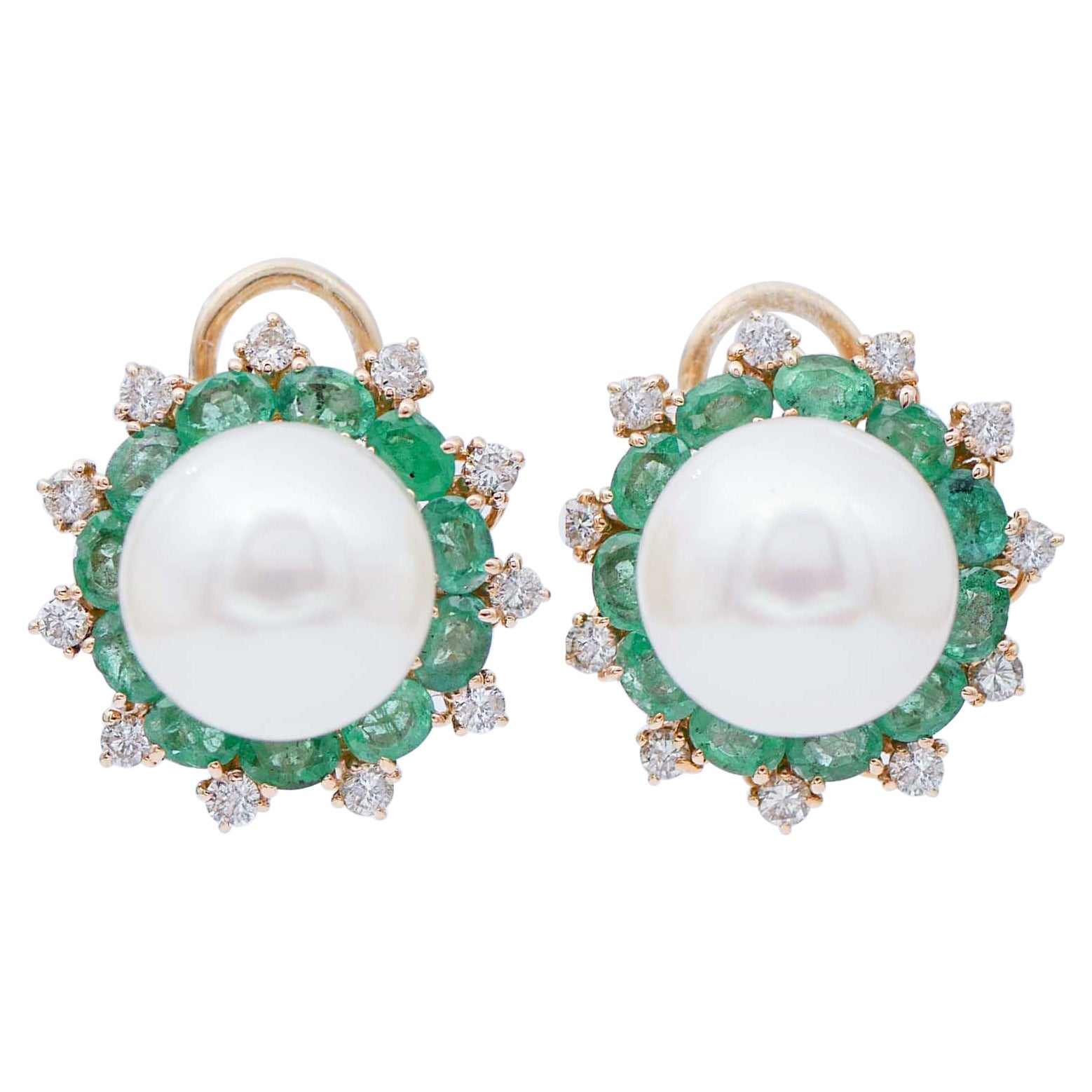 South-Sea Pearls, Emeralds, Diamonds, 14 Karat Rose Gold Stud Earrings For Sale