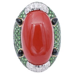 Rubrum Coral, Tsavorite, Diamonds, Onyx, 18 Karat Rose and White Gold Ring