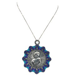 Art Nouveau Modernist Angel Musician Enamel Pendant Necklace Sterling Silver