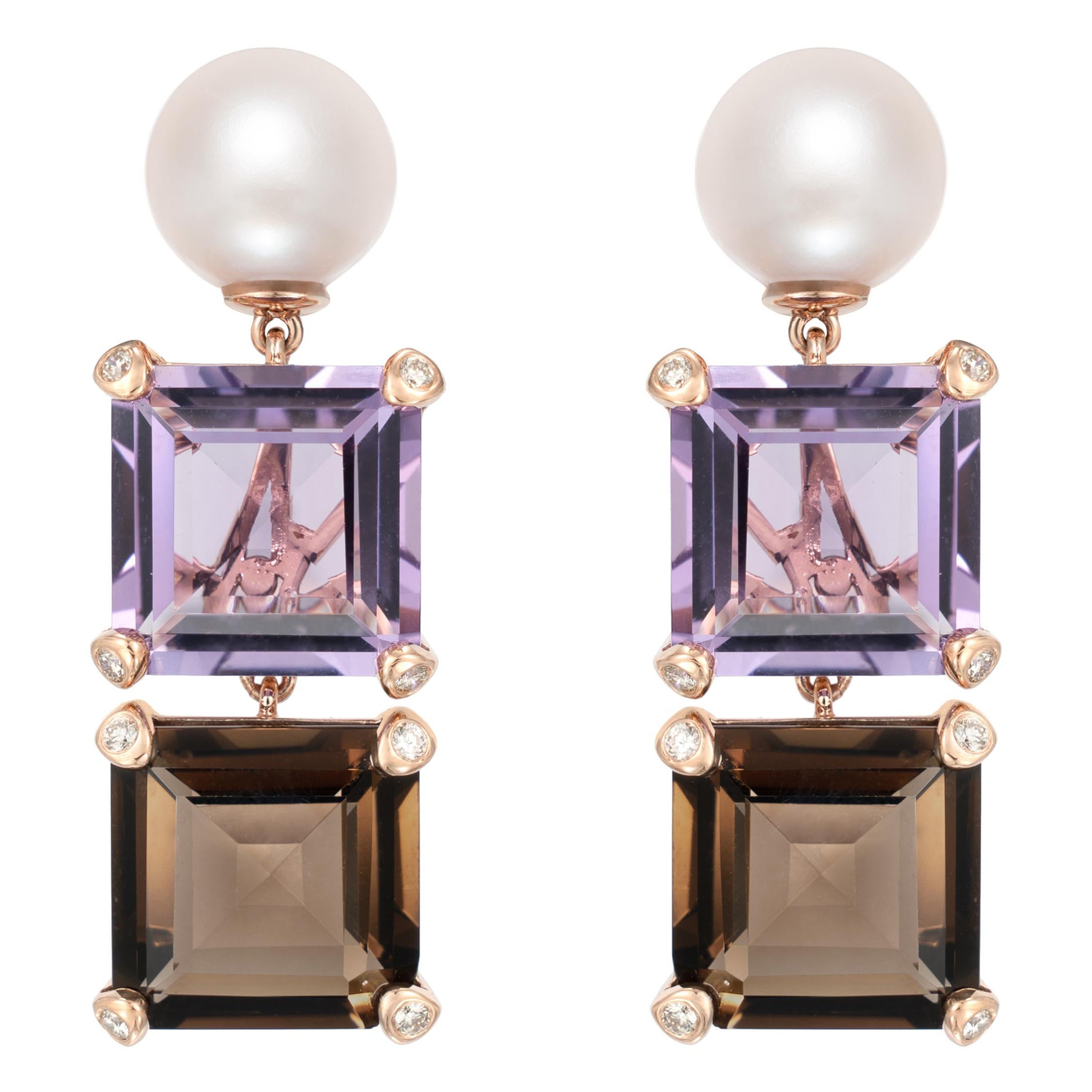 Amethyst & Smoky Quartz Earrings with Pearls & Diamond in 18 Karat Rose Gold