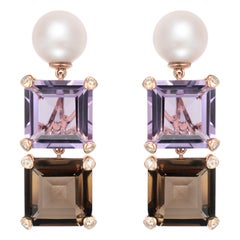 Amethyst & Smoky Quartz Earrings with Pearls & Diamond in 18 Karat Rose Gold