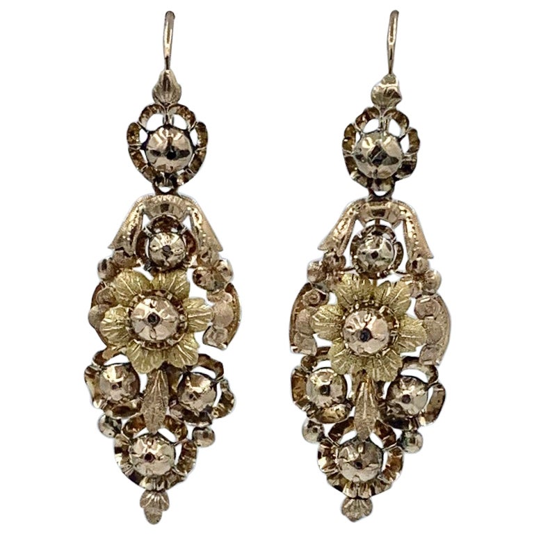 Victorian Flower Dangle Drop Day and Night Earrings 18 Karat Gold