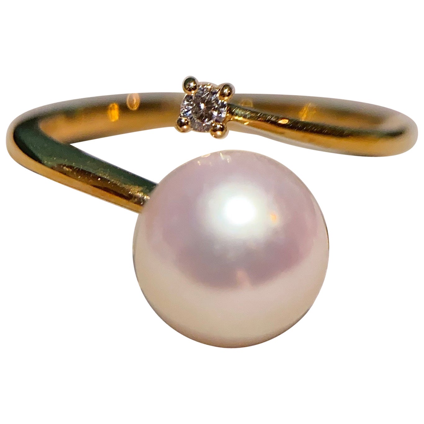 Eostre Akoya Pearl and Diamond Yellow Gold Ring  For Sale