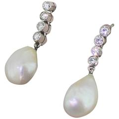Mid Century Natural Saltwater Pearl Diamond Gold Pendant Earrings