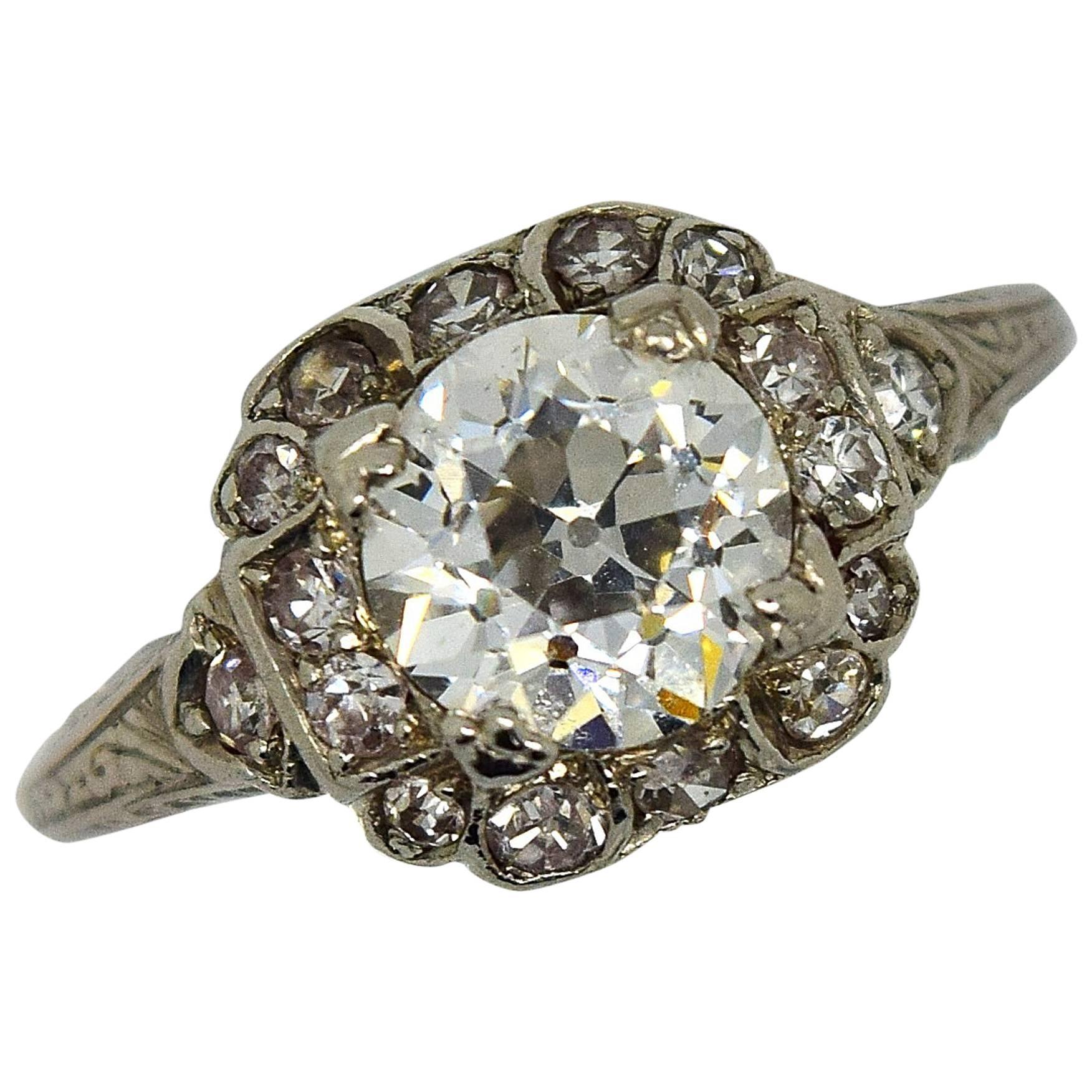 Art Deco Old European Cut Diamond Platinum Engagement Ring  For Sale
