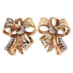 Retro Gold Bow Earrings with Diamonds